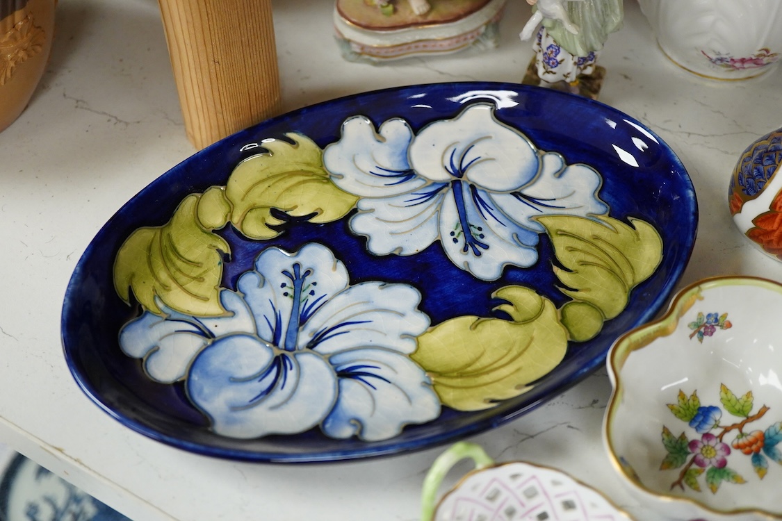 Assorted porcelain to include a Moorcroft oval dish - 23cm long, a collection of Royal Crown Derby teaware and a Robin paper weight, two Herend dishes etc